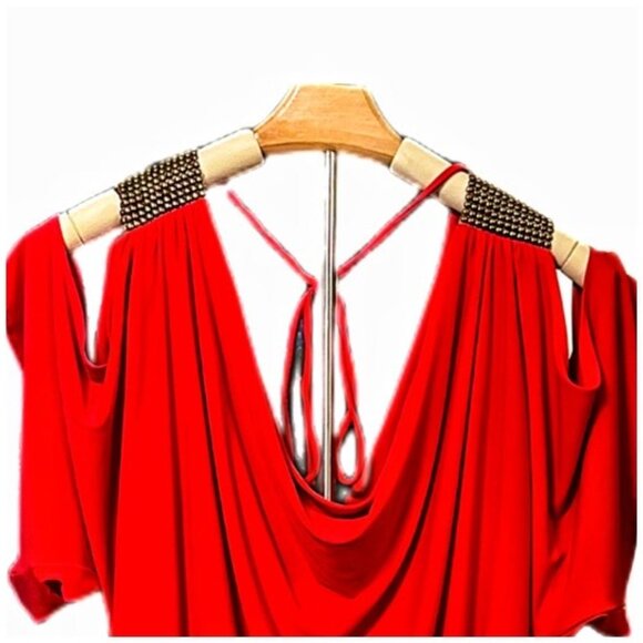 Cache Dress MSRP $68 Open Shoulder Drape Crisscross Back Elastic Beaded Red XS - Picture 2 of 7